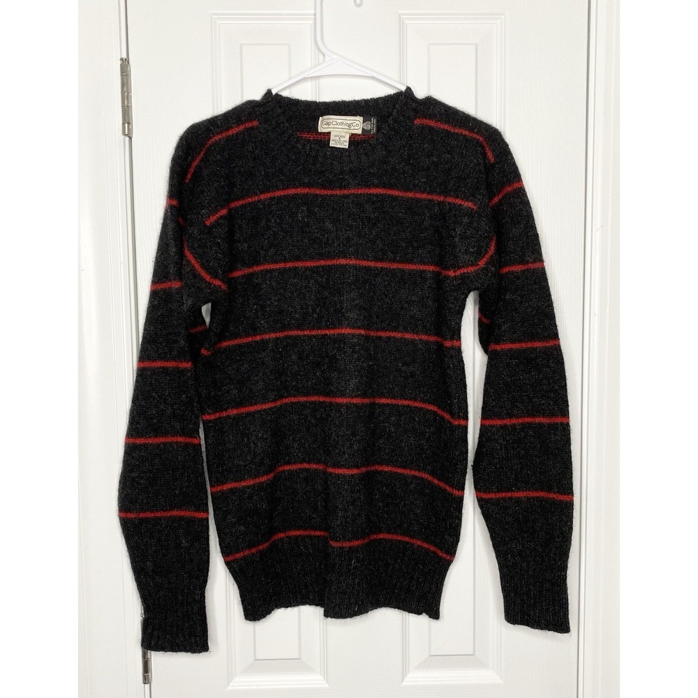 Vintage Gap Clothing Co Mens 100% Wool Pullover Sweater Grey Red Stripes Small